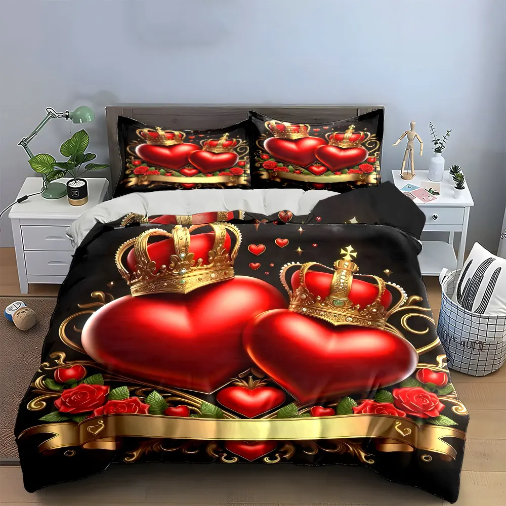 Golden Crown Red Heart Rose Bedding Set, Romantic King Queen Heart Floral Ribbon Print Elegant 3pc For Couple Wedding Bedroom