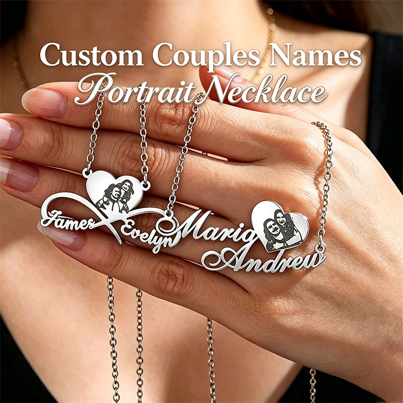 Trend Couples 2 Names Portrait Personalized Infinity Pendant Necklace Stainless Steel Custom Name Heart Choker Anniversary Gift