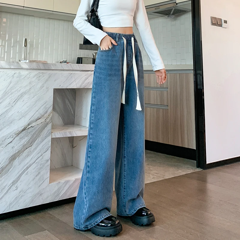 L-6XL プラスサイズの女性のジーンズ春 2025 ハイウエストストレートルーズブルージーンズズボンワイドレッグ巾着大きいサイズのジーンズ女性