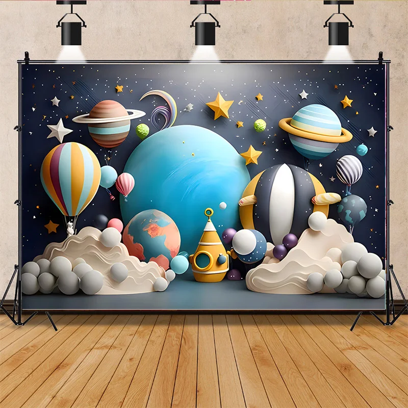 Space Scene Planet Happy Birthday Photography Background Holiday Baby Children Party Balloons Photo Studio Backdrops VX-09