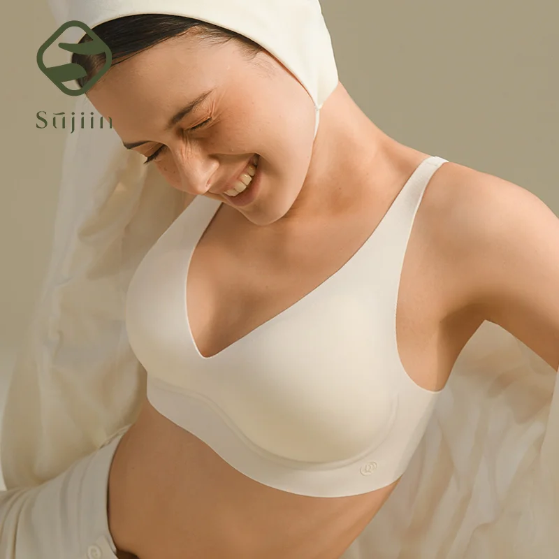 SUJIIN Seksowne, bezszwowe biustonosze bez fiszbin dla kobiet, push-up, z wkładkami, miękki wsparcie, niewidoczny, podnoszący biust, dekolt w serek, gładki biustonosz, model MX208