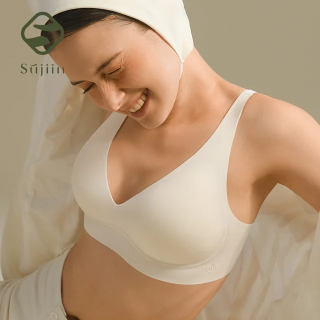 SUJIIN Seksowne, bezszwowe biustonosze bez fiszbin dla kobiet, push-up, z wkładkami, miękki wsparcie, niewidoczny, podnoszący biust, dekolt w serek, gładki biustonosz, model MX208