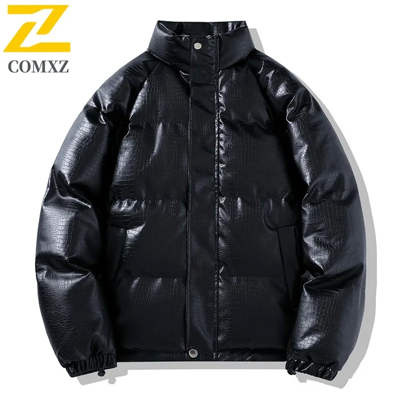 

COMXZ 2025 Mens Womens Korean Thickened Fleece Winter Jacket PU Warm Tactics Waterproof and Windproof Outdoor Cold-proof Coat