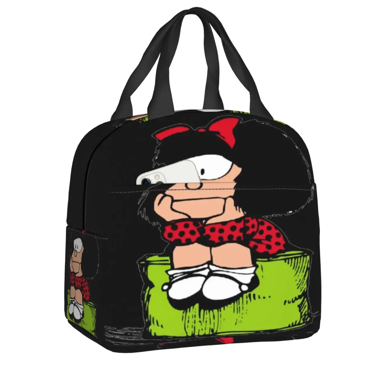 

Custom Mafalda Thinking Insulated Lunch Bags for Women Quino Comic Cartoon Resuable Cooler Thermal Bento Box Work School Travel