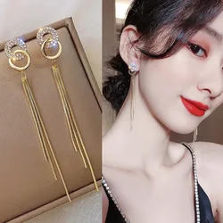 New Luxury Geometric Circle Zircon Long Tassel Drop Dangle Earrings for Women Temperament Fashion Wedding Party Jewelry Gifts
