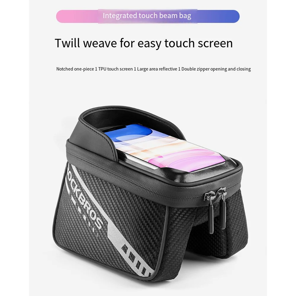 ROCKBROS Front Tube Frame Bike Bag 1L Sensitive Touch Screen Reflective Bicycle Bag Double Zipper Separate Storage Bag