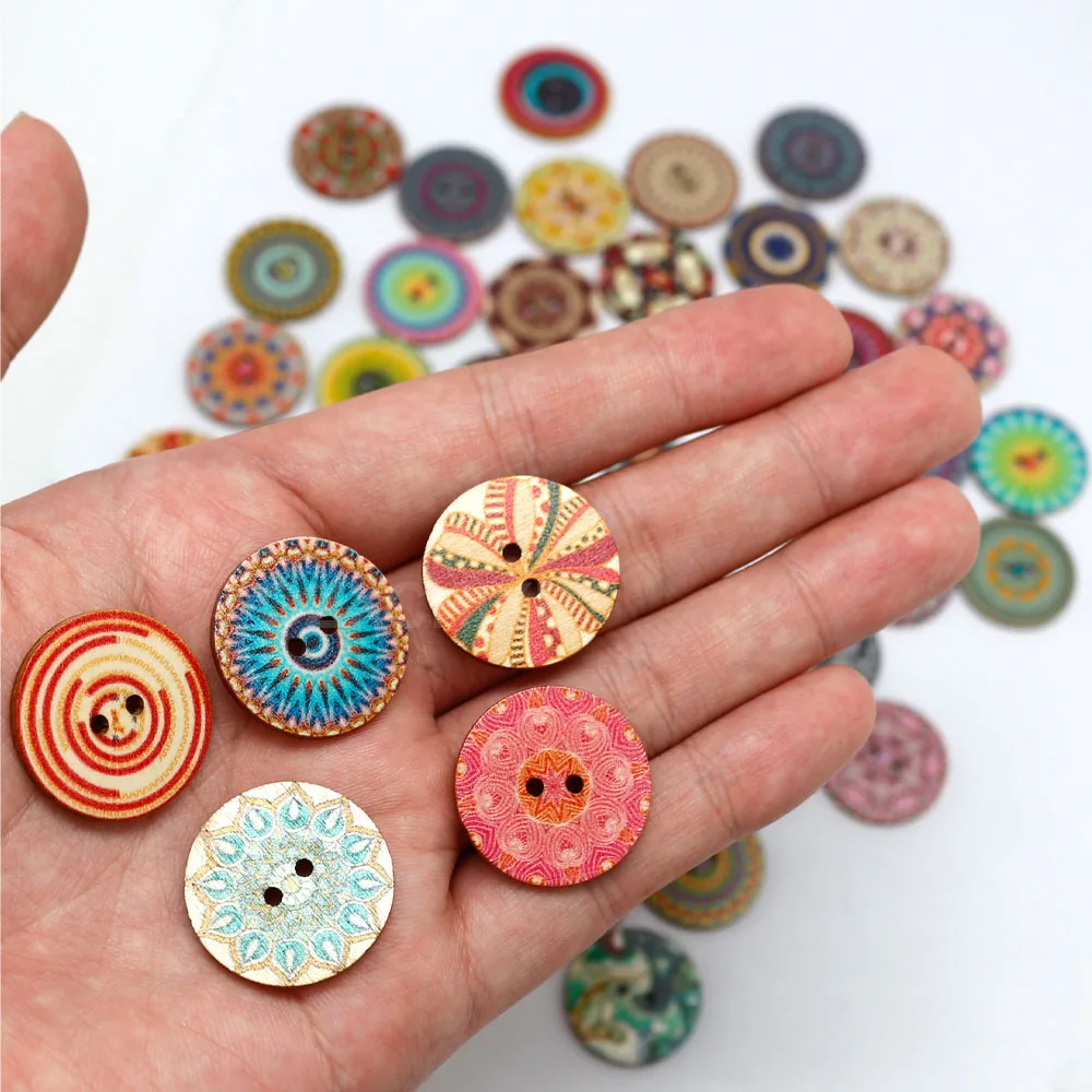 50/100 PCS 25mm Mixed Random Painted Flower 2 Hole Round Wood Button For Clothing Sewing Crafting DIY Sewing Accessories