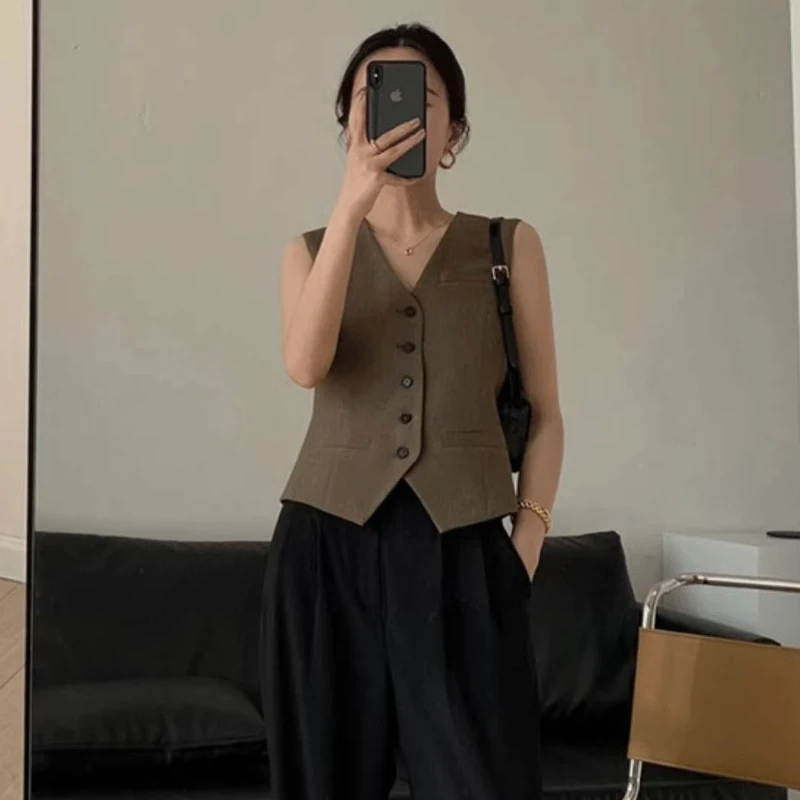 

Vintage Suit Waistcoat Fashion Simple Single Breasted Elegant Women's Sleeveless Vest Casual Solid Color Slim-fnew in outerwears