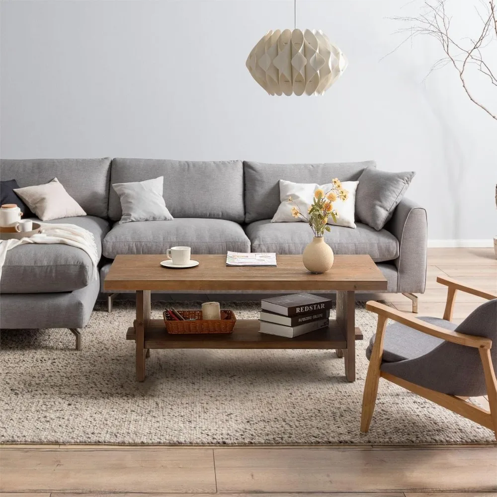 طاولة قهوة خشبية - 43.4 بوصة طاولة قهوة خشبية لغرفة المعيشة الحديثة في العصور الوسطى، طاولة من الخشب الصلب مستطيلة