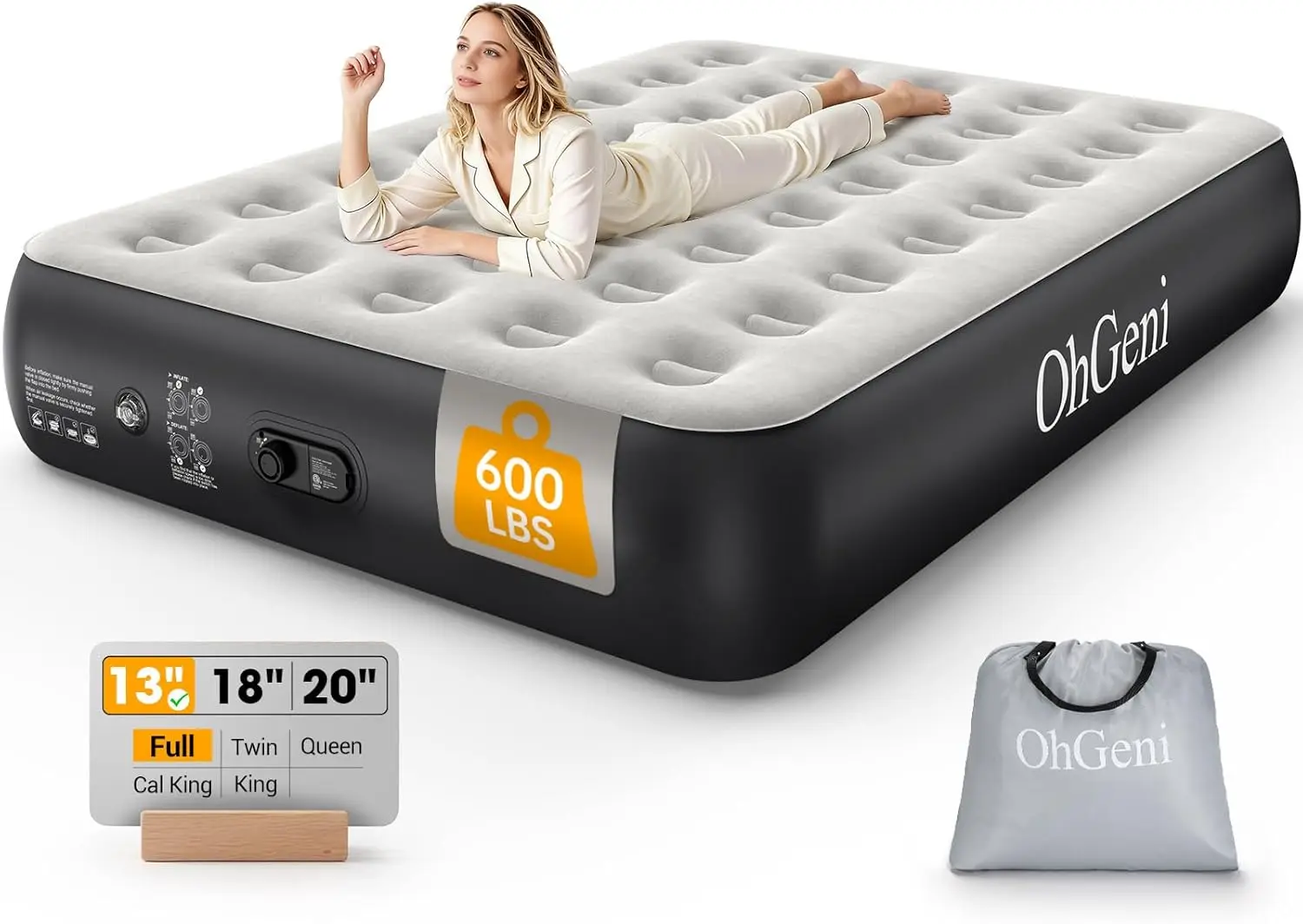 13" Raised Inflatable Air Mattress with Built-in Pump, Portable Foldable Bed for Home & Camping, Supports Up to 600 lbs