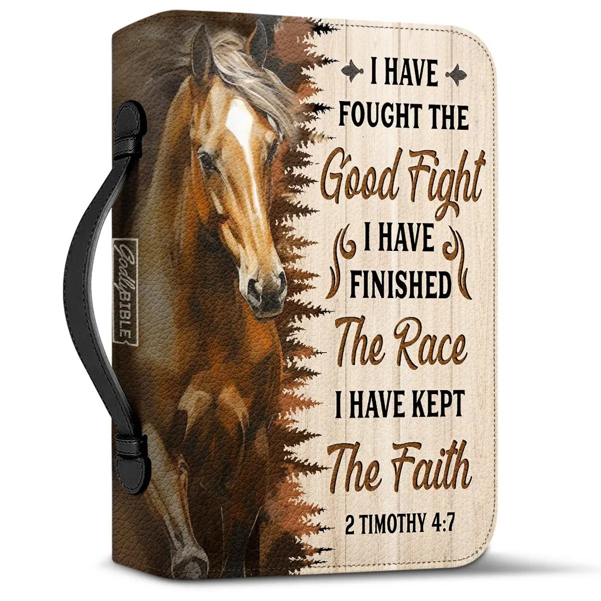 New PU Leather Bible Cover Case I Have Fought The Good Fight Bible Verse Print Horse Design Women's Leather Carry Bag Protective