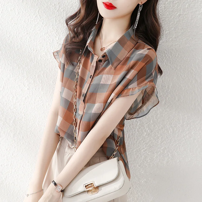 Fashion Plaid Printed Lapel Button Short Sleeve Chiffon Blouse Summer Plus Size Commute Tops Loose Casual Women Clothing Shirt