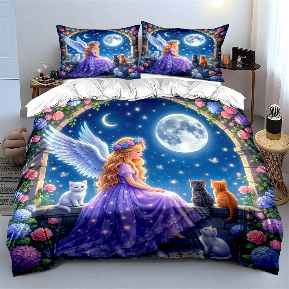 

Dreamy Night with Angel and Cats Print Soft Comfortable Duvet Cover Bedding Set Included 1*Duvet Cover 2*Pillowcases