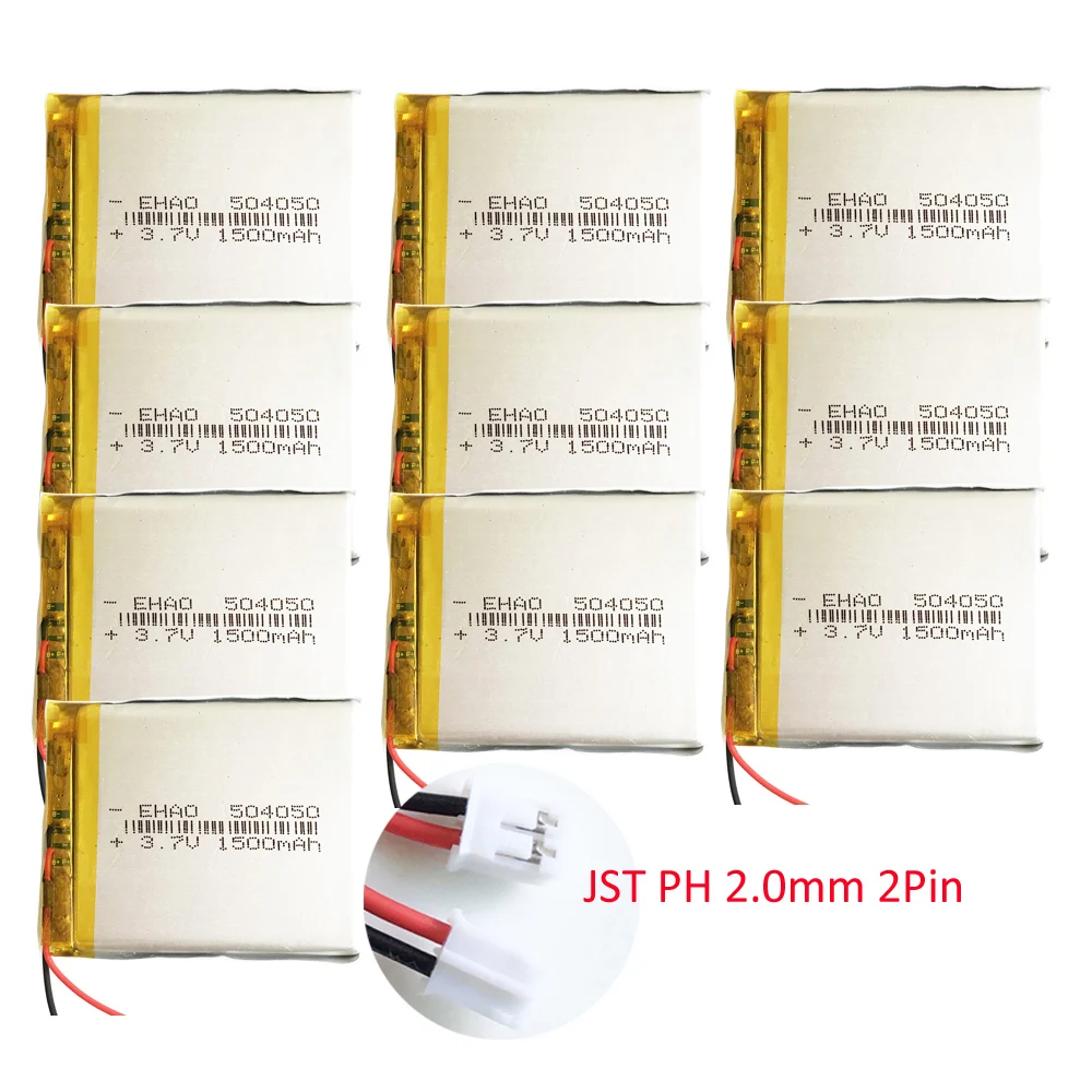 

10 pcs 3.7V 1500mAh Lithium Polymer LiPo Rechargeable Battery 504050 + JST 2.0mm 2Pin For DVD Mobile Tablet pc Power Bank Camera