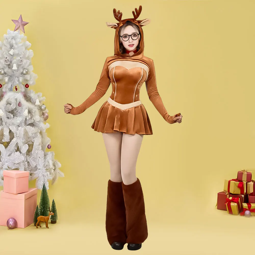 

Christmas Reindeer Cosplay Costume - Furry Halloween Elk Tight Top and Skirt Set with Leggings Perfect For Christmas Suit