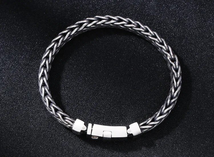 S925 Sterling Silver Men's Personalized Handwoven Bracelet Thai Silver Retro Trendy Safety Pattern Buckle Silver Chain Wholesale