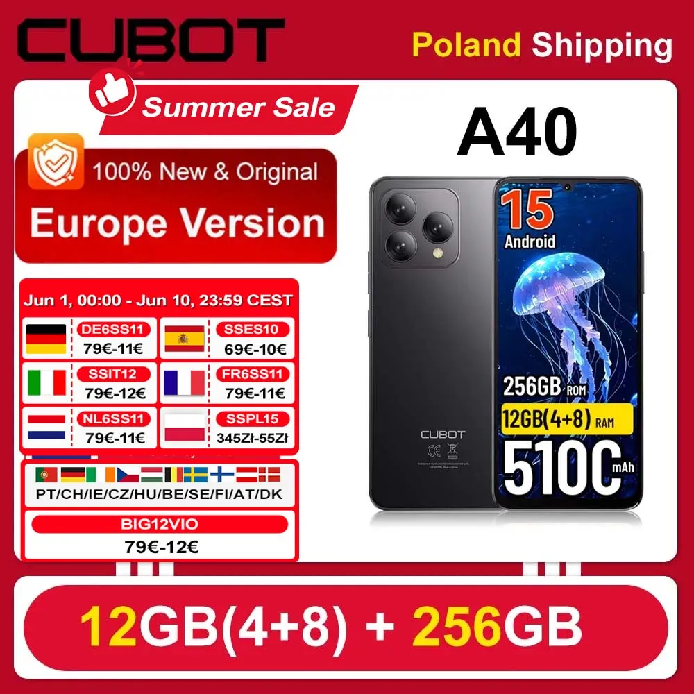 [Versand aus Polen] Cubot A40 Smartphone Android 15 12GB(4+8)+ 256GB 5100mAh NFC 6,88'' 120Hz Gesichtserkennung 4G Telefon