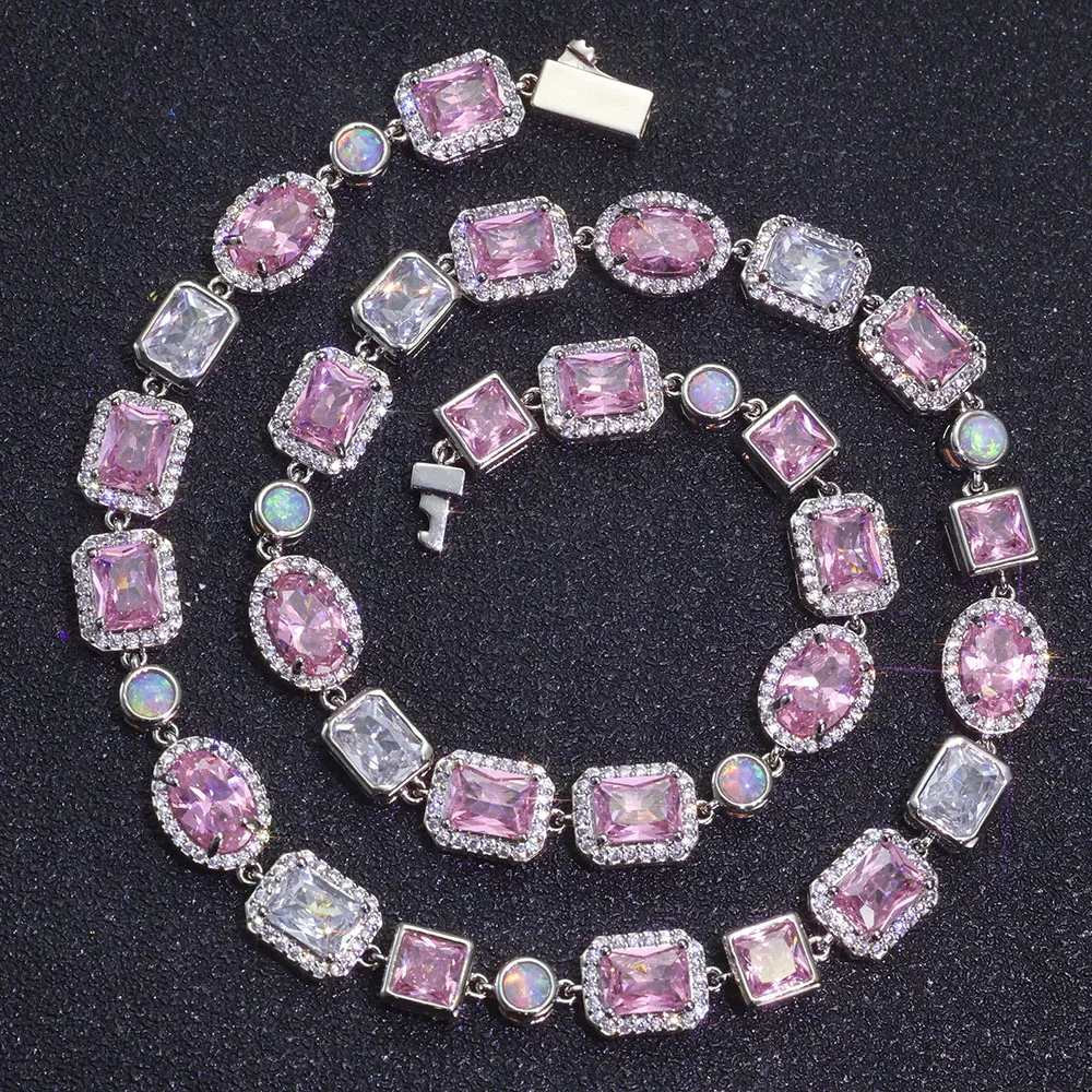 

Pink Zircon Necklace Sparkling Opal Customized Gold/Silver Plated Geometric Gemstones Chain Hip Hop Fashion Jewelry
