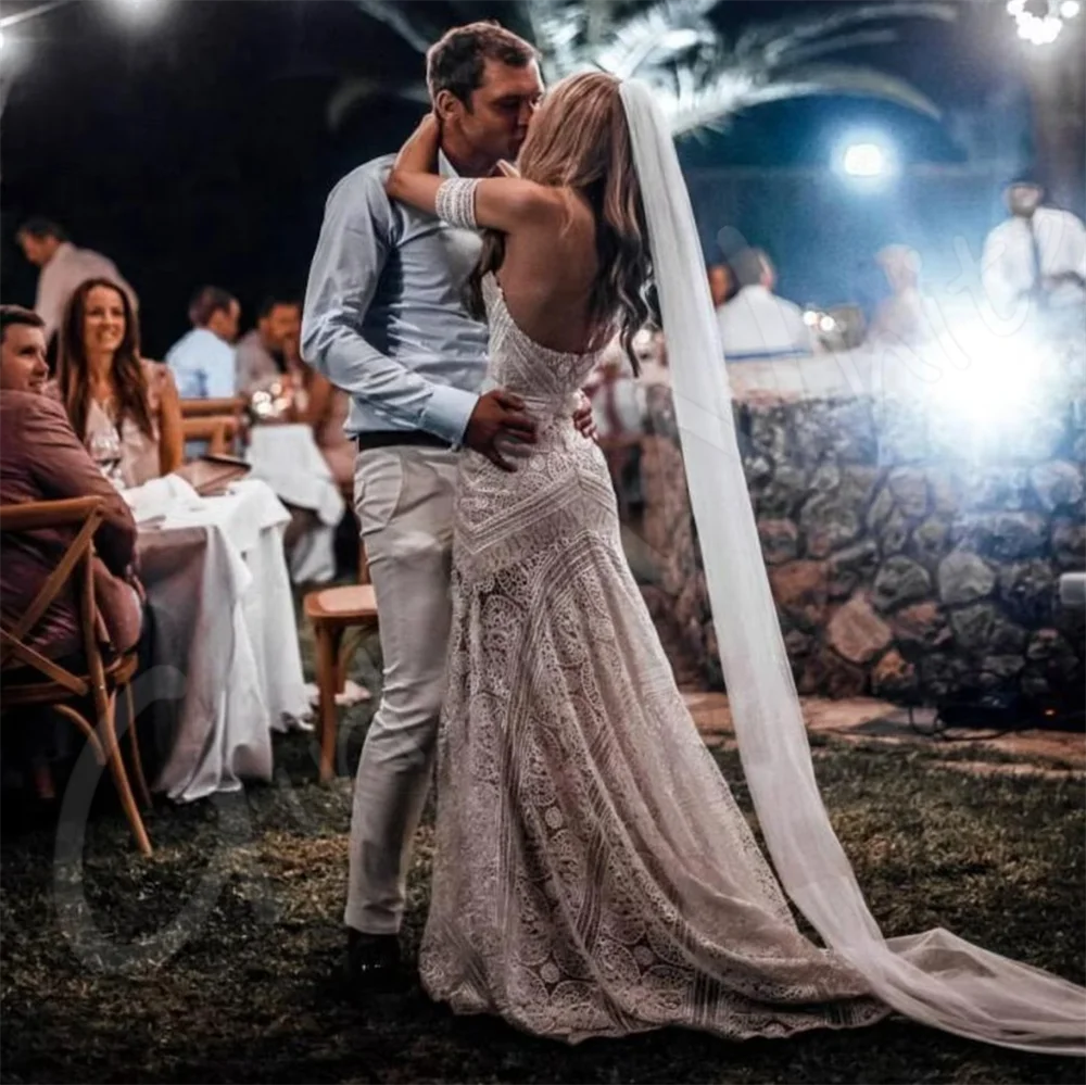 Bohomian zeemeermin trouwjurken sexy uit de schouder strand bruid gewaden kant applique trein bruidsjurken vestidos de novia