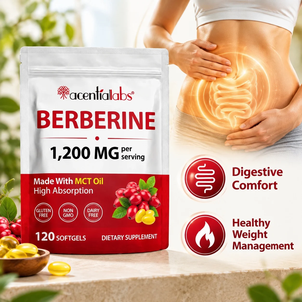 Berberine MCT Softgels Improve Digestive Comfort Aid Healthy Weight Management Promote Glucose and Lipid Metabolism 120 Softgels