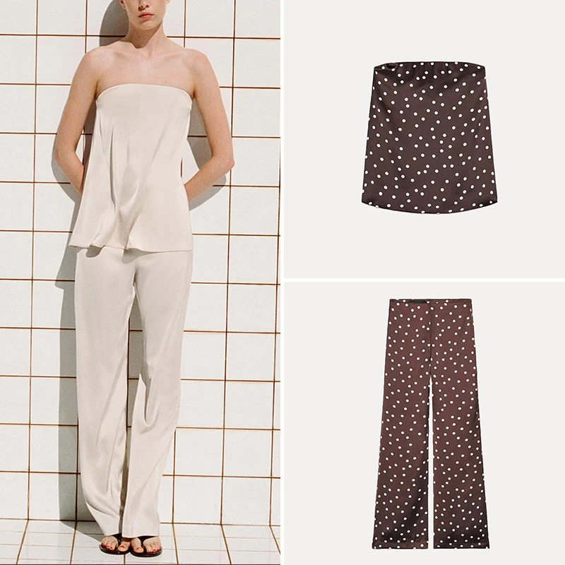 

Z 2025 New Women's Silk Satin Feel Tube Top High Waist Pants Faion Set round Ne ort Sve Polyester Long Pants
