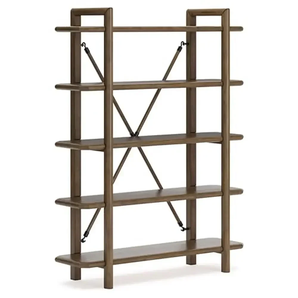 Contemporary 5-Tier Bookcase Light Brown Solid Wood Shelves Tiered Shelf