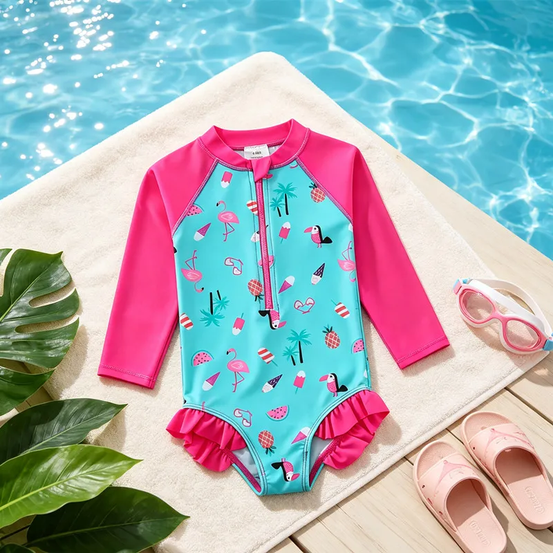 Children's One-piece Swimsuit Cute Ice Cream Print Swimwear Long Sleeves Sunsuit Kids Girls Swimwear