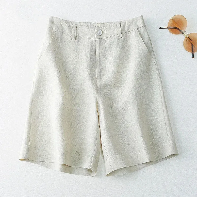 Spring Femme Five Point Wide Leg Shorts Korean Lady Fashion High Waist Cotton Linen Trousers Summer Women Straight Leg Pantalons
