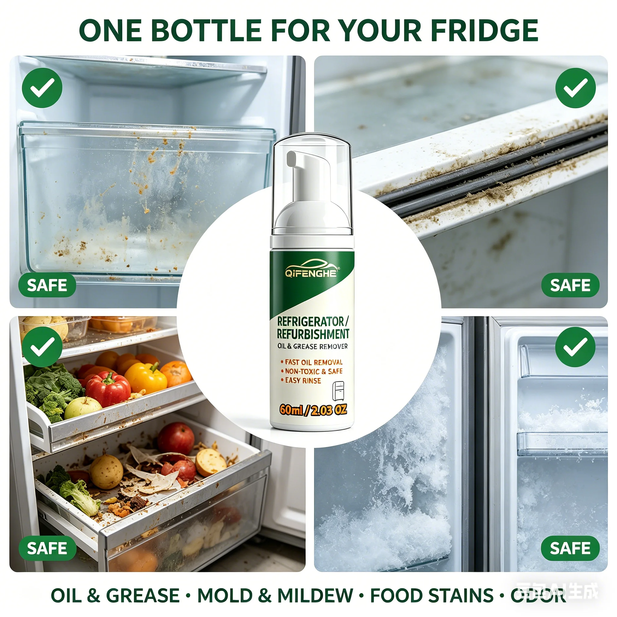 

Refrigerator Cleaner 60ml – Fast Oil & Grease Remover, Lemon Foam Spray, Easy Rinse, Non-Toxic, Safe for Food Surfaces