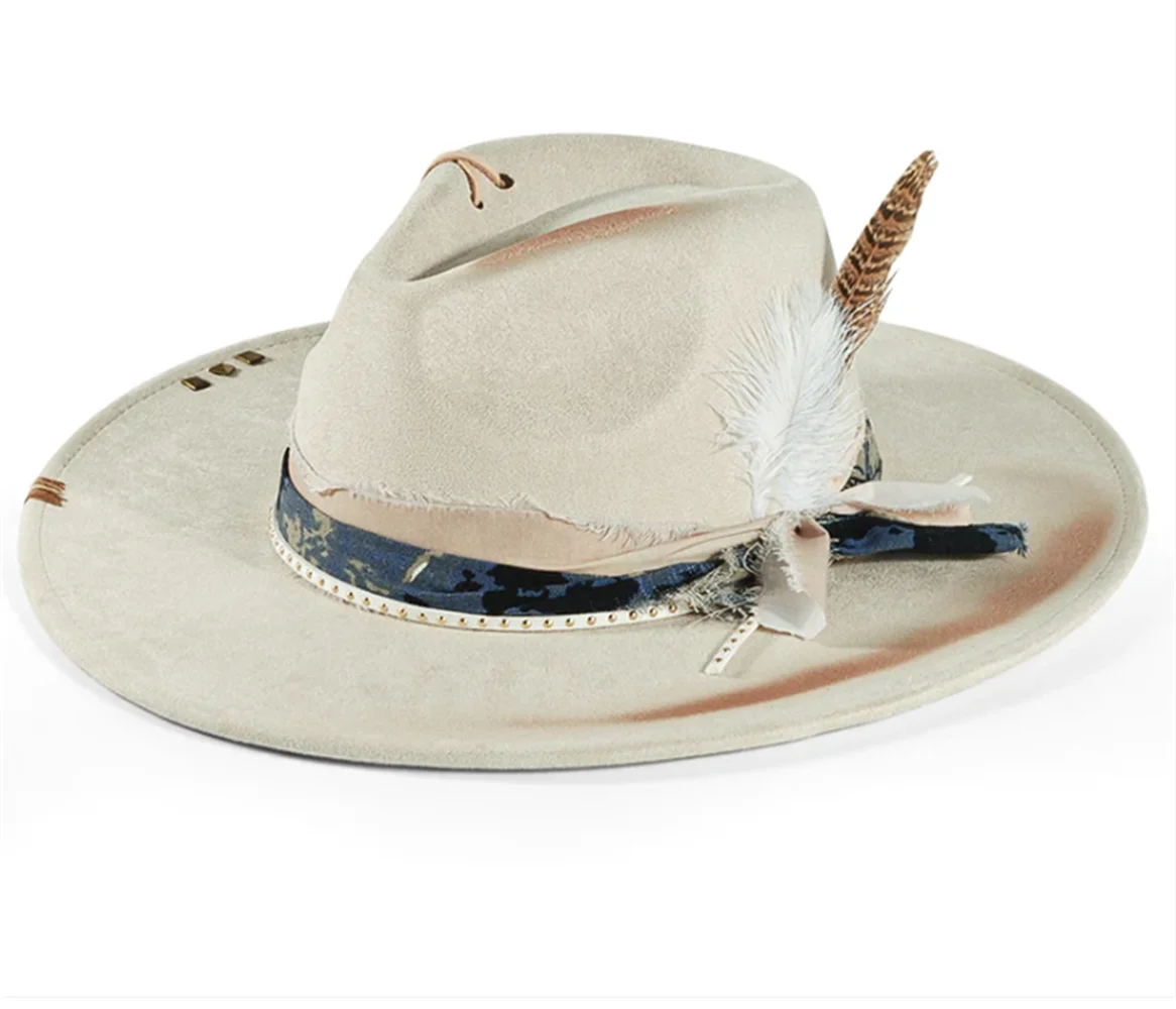 Retro Suede Fedora Hat for Women Men Feather Accessories Fedora Hats Church Jazz Cap Panama Fashion Party Hats Autumn 2024
