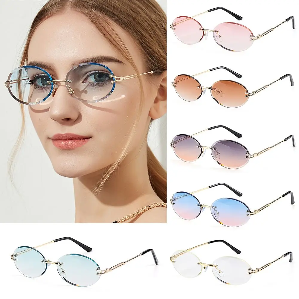 

Frameless Tinted Eyewear Rimless Shades Diamond Cutting Lens Oval Sunglasses Vintage Sunglasses