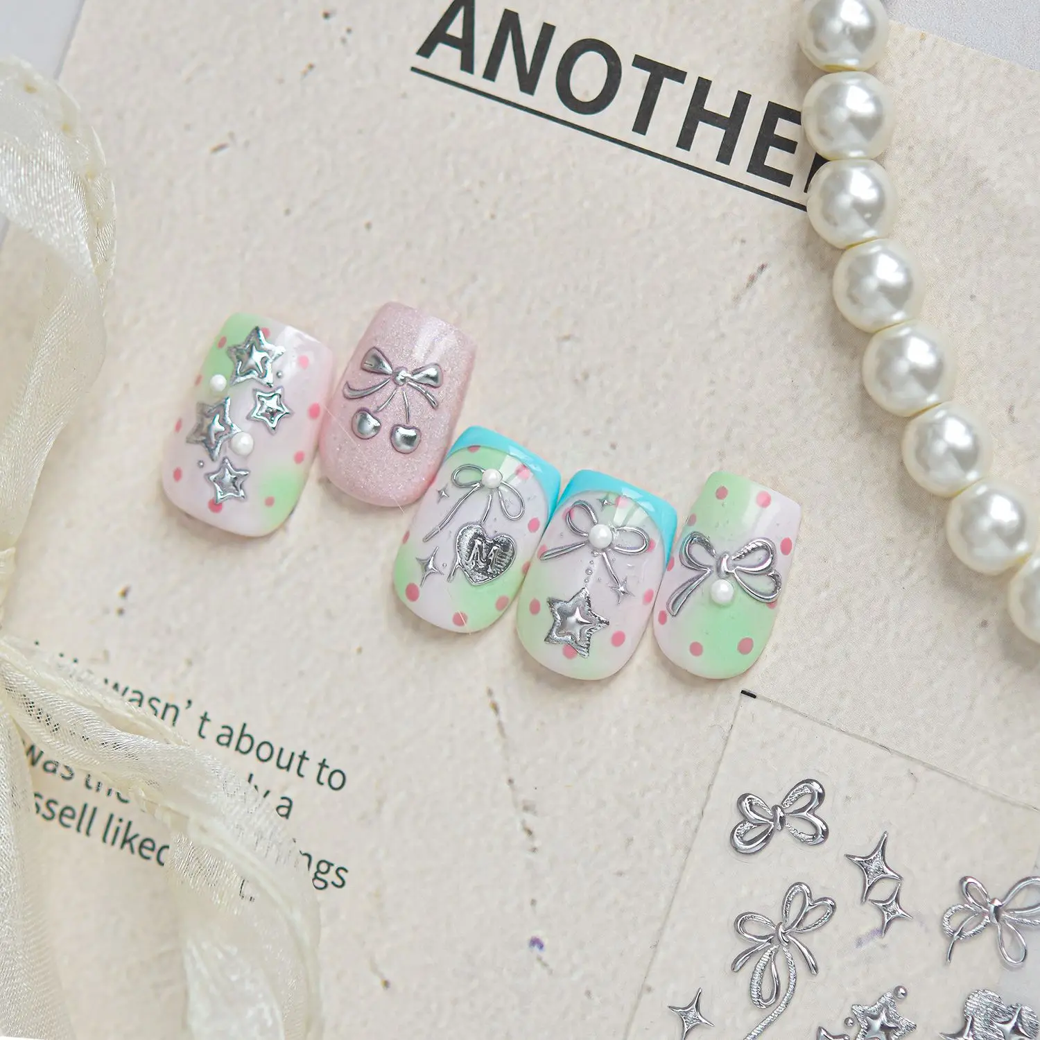 1Pcs Silver Bow Star Nail Stickers Cherry Bows Star Love Heart Pearl 5D Crystal Nail Decoration Self Adhesive Nail Stickers DIY view 5