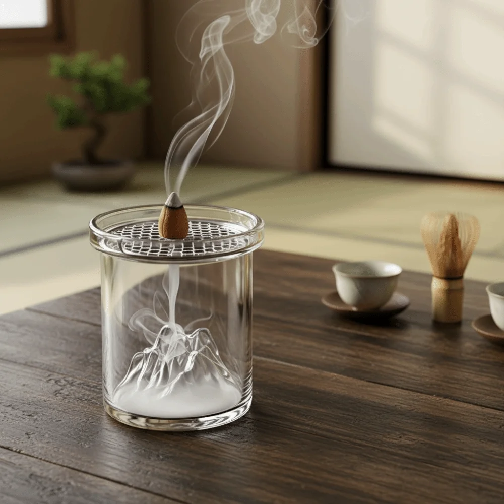 Vintage Glass Mountain Incense Burner Metal Incense Plate with Glass Ash Catcher Backflow Incense Burner Transparent