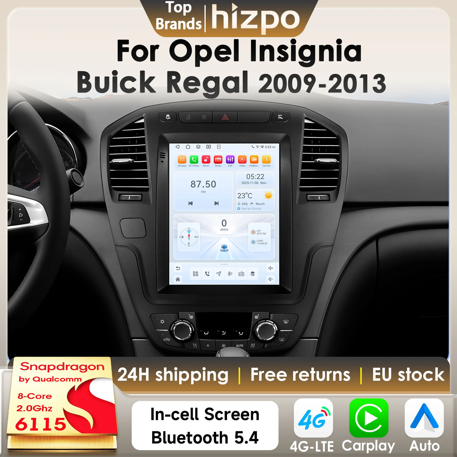 Hizpo 2Din Android 14 Autoradio für Opel Insignia Buick Regal 2009 - 2013 Multimedia-Stereoanlage 9,7-Zoll Vertikaler Bildschirm Carplay 6115