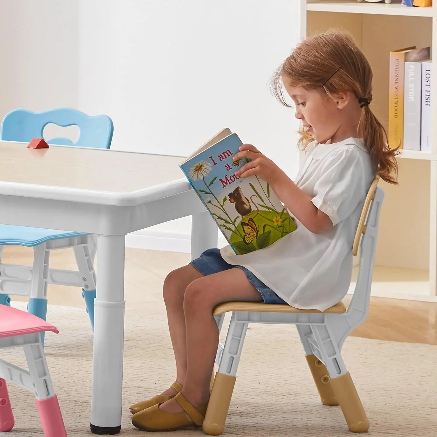 Kids Table and 4 Chairs Set, Height-Adjustable Toddler Table and Chairs with Graffiti Desktop, 31.5''L x 23.6''W Children Activi