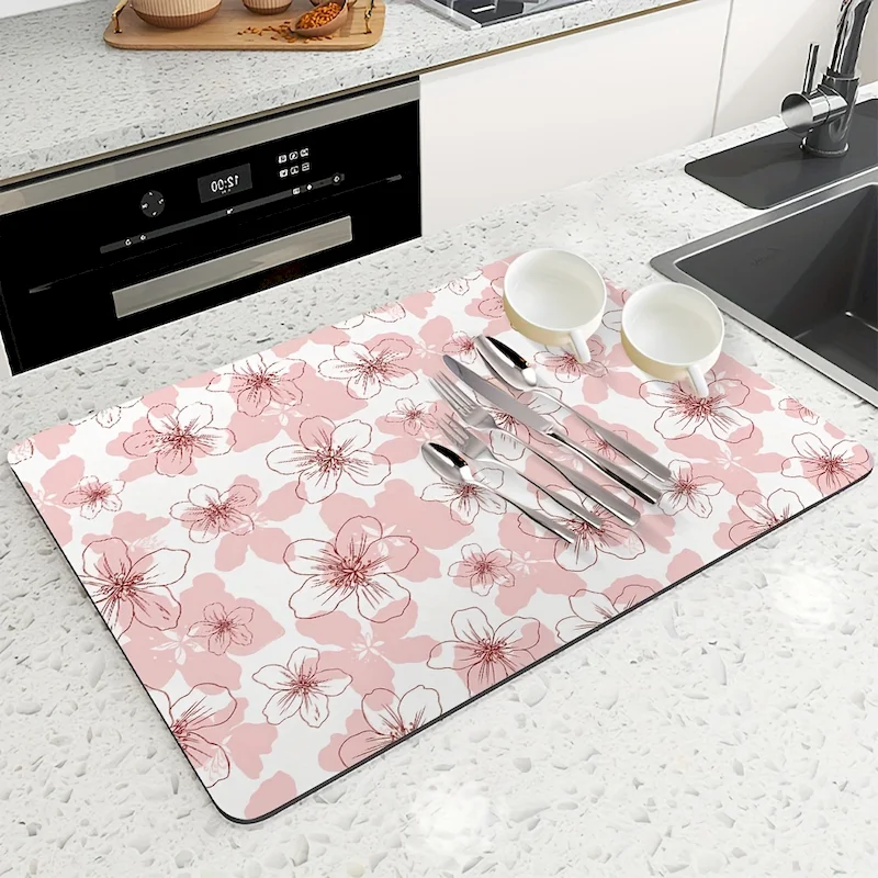 VIKAMA Pink Thread Flower Plate Drying Pad Cherry Blossom Printing Waterproof And Anti Slip Kitchen Tabletop Pad Home Decoration