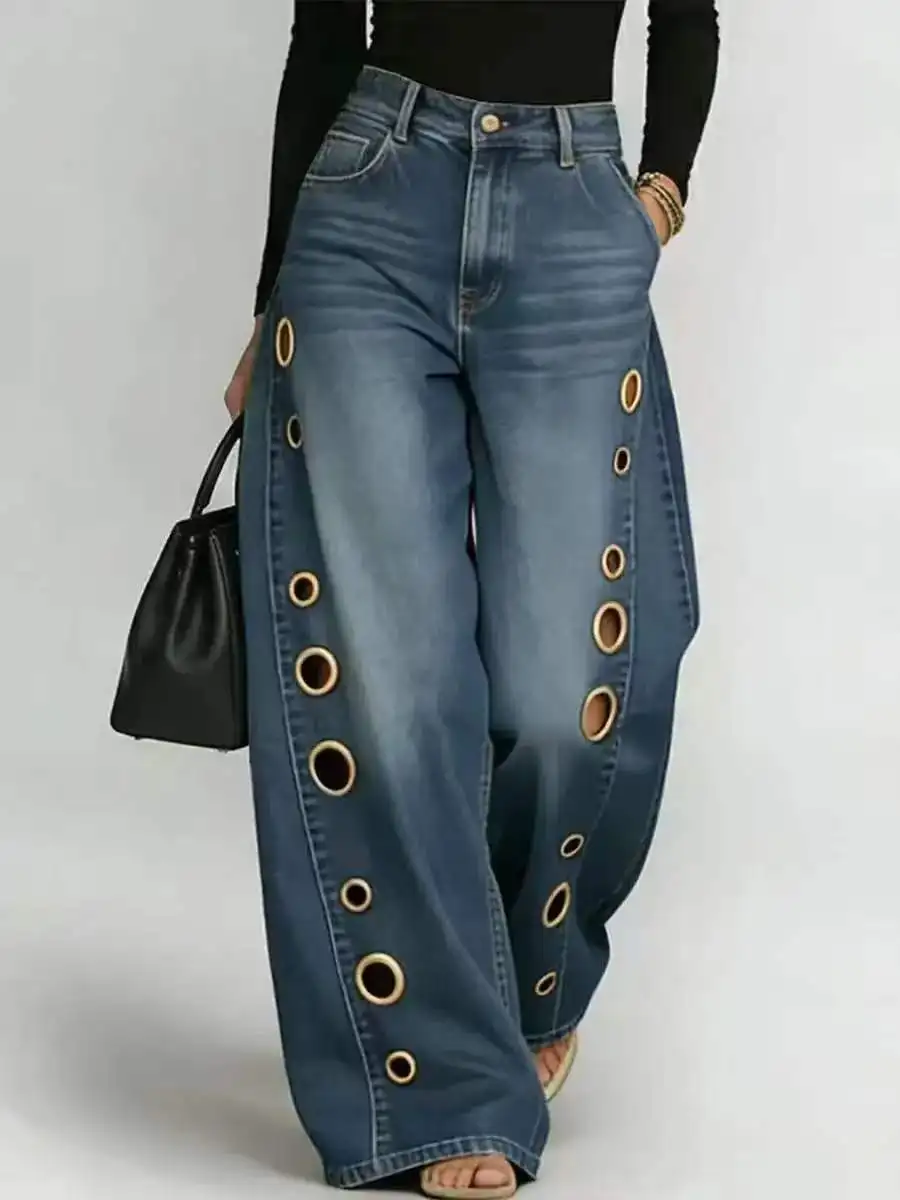 Jean droit taille haute pour femme avec anneau métallique, pantalon en denim ajouré, coupe ample, décontracté, long, avec poches, style urbain, pour l'automne
