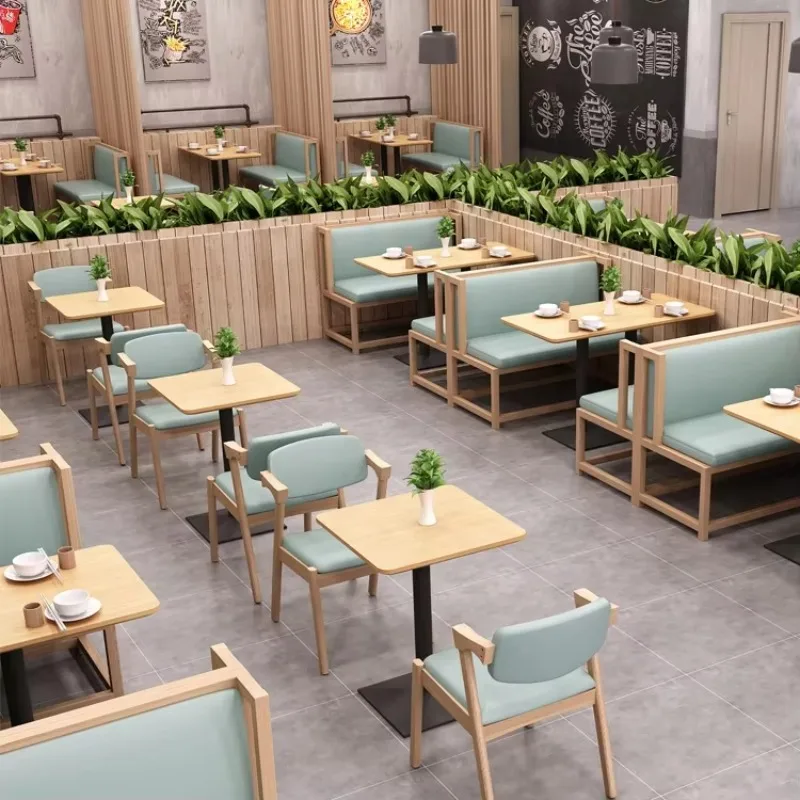 

Modern Green Leather Restaurant Booth Seating Wooden Coffee Shop Table and Chair Fireproof Board Dining Table Set