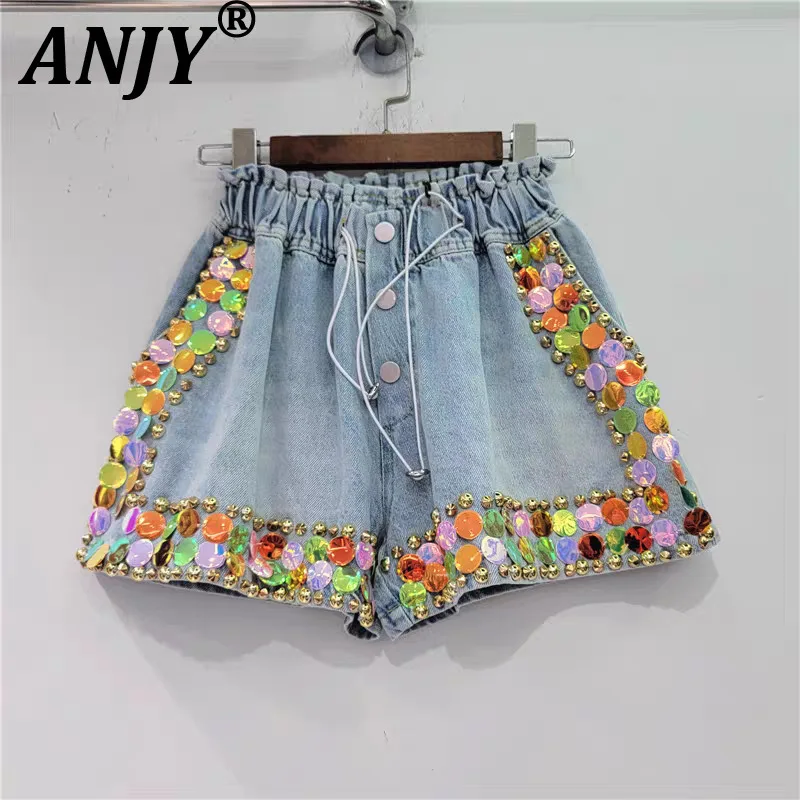 

ANJY 2025 Summer New Women Punk Heavy Handmade Nail Bead Inlaid Large Color Diamond High Waist Slim Wide Leg Denim Shorts HK4711