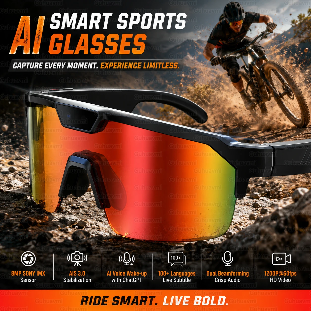 

NewAI Smart Cycling Glasses Men 800W HD Camera 1200P Video ChatGPT AI Voice Assistant 32GB 120+Translation WiFi Smart Sunglasses