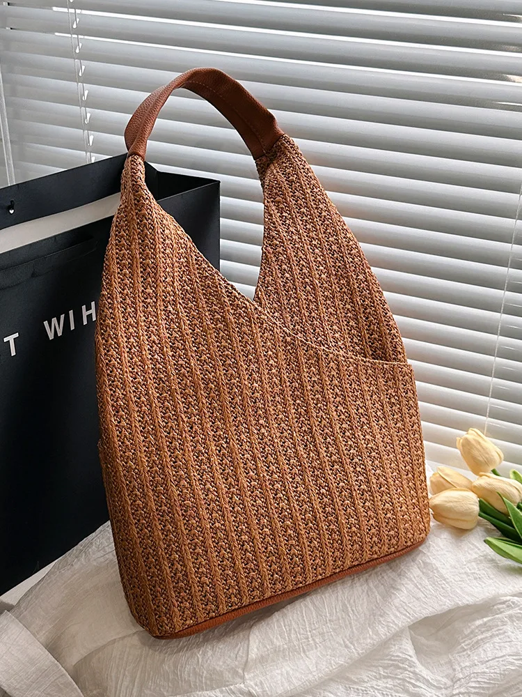 Summer Grass Woven Underarm Bag For Women New Trendy Large Capacity Commuting Tote Bag Texture One Shoulder Beach Bucket Bag