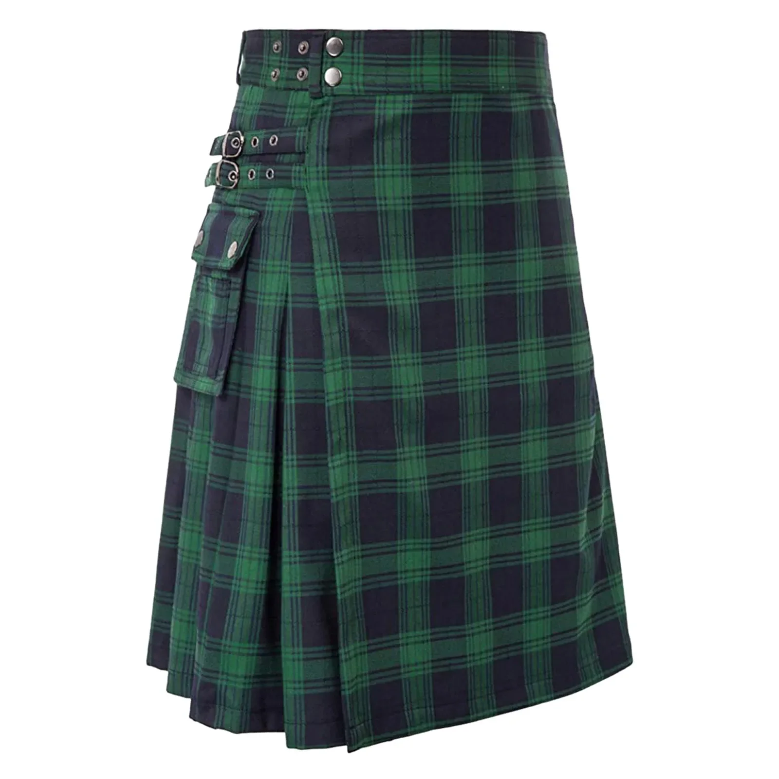 Men's Fashion Pleated Skirt Scottish Style Plaid Striped Waistband Contrast Color Pocket Kilt Sports Fillibeg Summer Philabeg