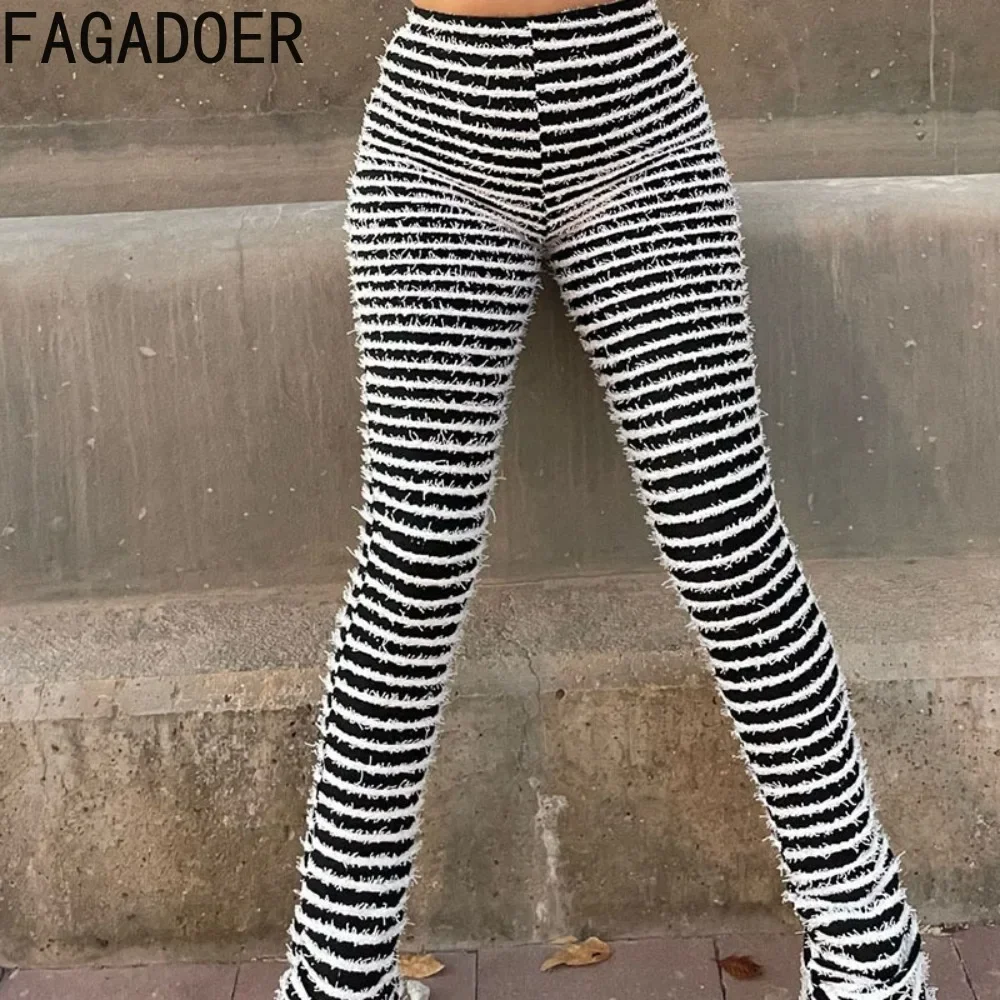 FAGADOER Y2K موضة كتلة الألوان المشارب السراويل النساء محبوك مكدسة بنطلون سليم نحيل مضيئة السراويل الإناث الشارع الشهير قيعان