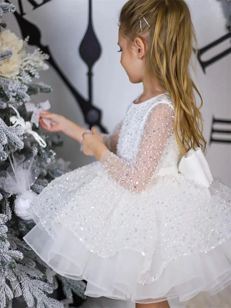 Sparkling Flower Girl Dress For Wedding Tulle Puffy Sequins Princess Kids Birthday Party First Communion Ball Gowns Customized