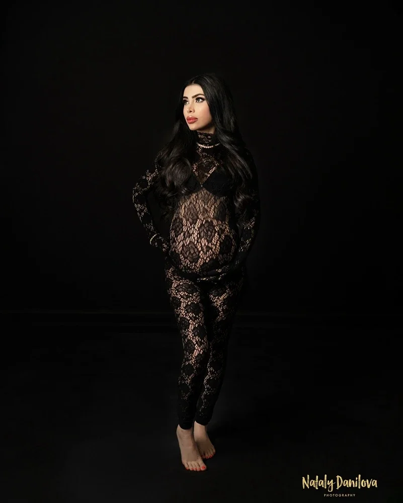 

Sexy Black Lace Maternity Bodysuit Photoshoot Sheer Long Sleeve Pregnancy Outfit Baby Shower Studio Photography Gown