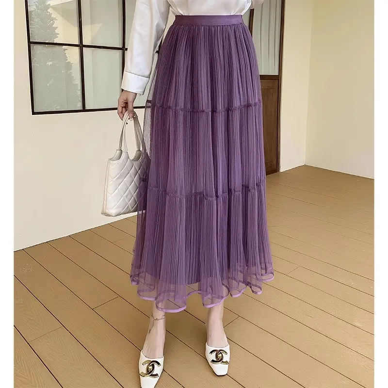 

ZJYT Summer Midi Mesh Skirts for Women Elastic Waist Mid Calf Length Tulle Skirt Casual Party Gauze Faldas Purple Black 2024 New