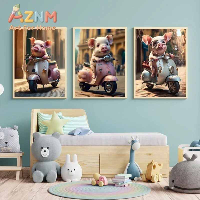 Cute Funny Animals Riding Motorcycle Poster Piglet Animal Lovers Prints Scooter Canvas Painting Wall Art Picture Home Room Decor