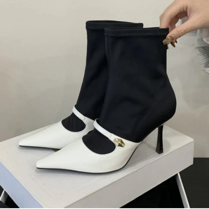 

Autumn Winter Designer Pointed Toe Ankle Boots Women Splice Warm Fashion Women High Boots Sexy Thin Heeled Stretch Boots Women
