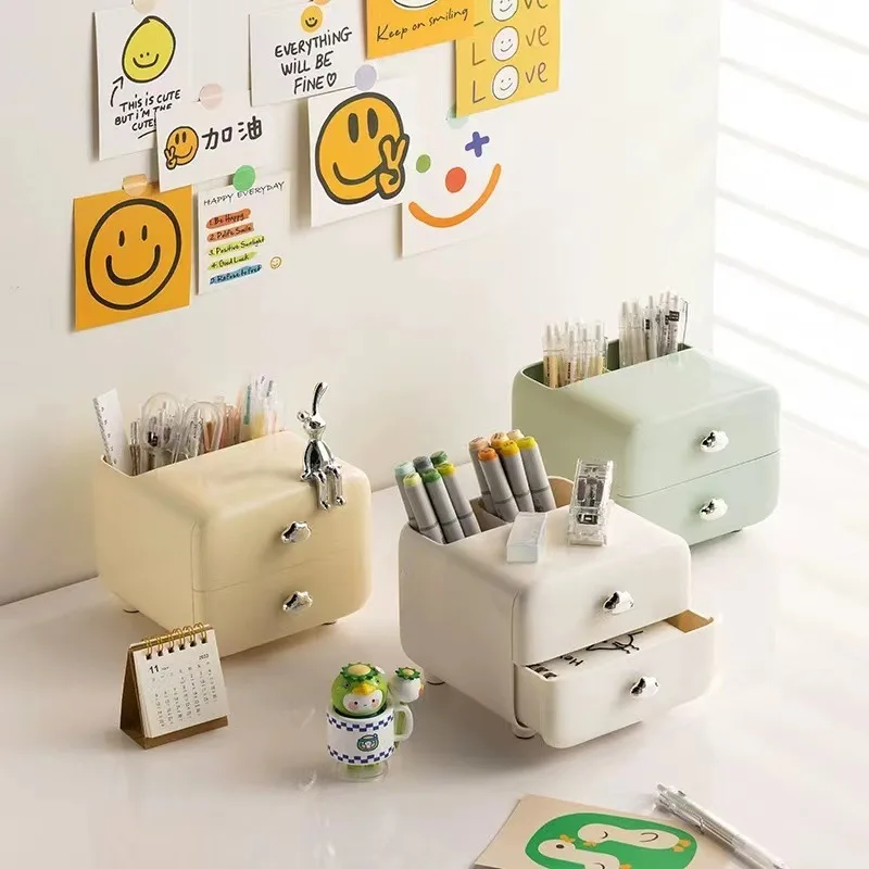 

Multifunctional cream style drawer pen holder Office children's desktop desk stationery organizing storage box