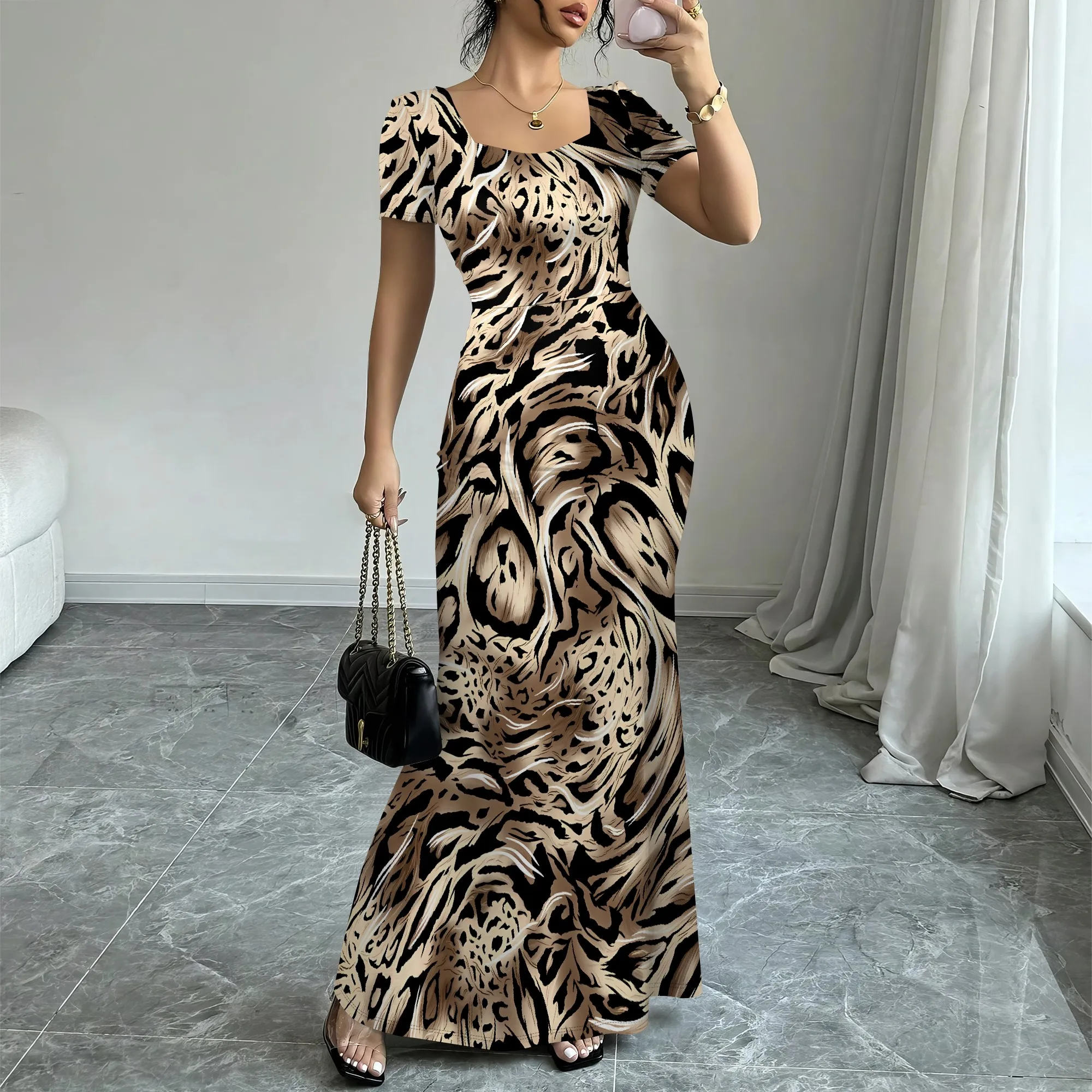 

Nupusa Leopard Print Dress for Women Standard Size Summer Casual Square Neck Short Sleeve Maxi Dress